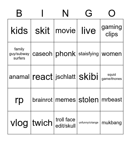 yt shorts bingo Card