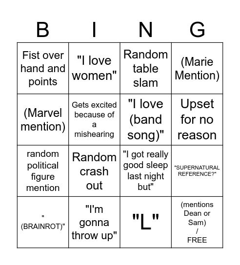 Sierra Bingo Card