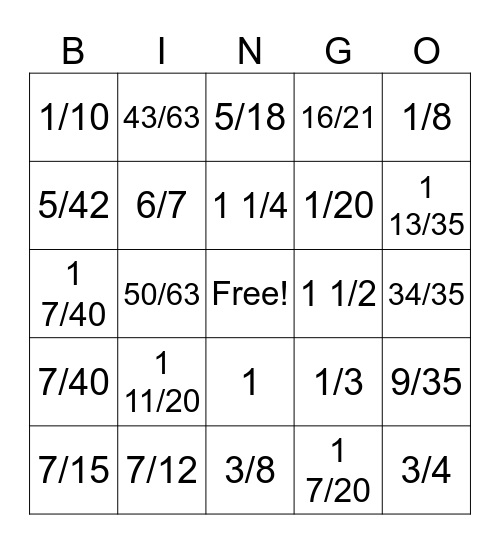 Addition and Subtraction of Fractions Bingo Card