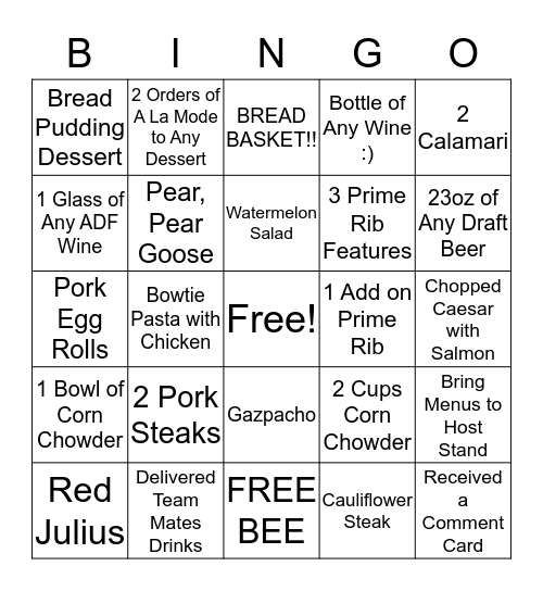 Timber Dining Room Bingo Card