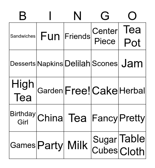 High Tea Bingo Card