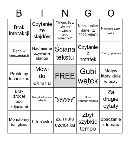 Zła prezentacja BINGO Card