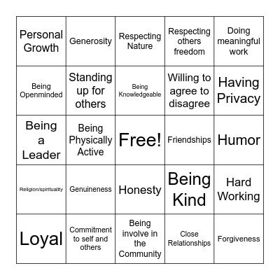Values Bingo Card