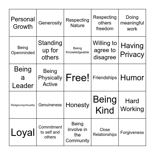 Values Bingo Card