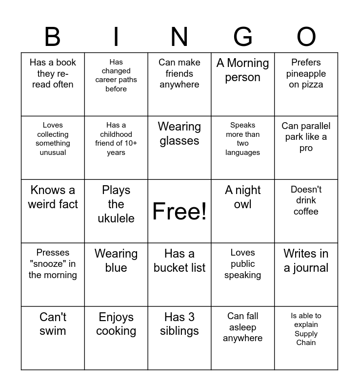 Linking Back Bingo Card