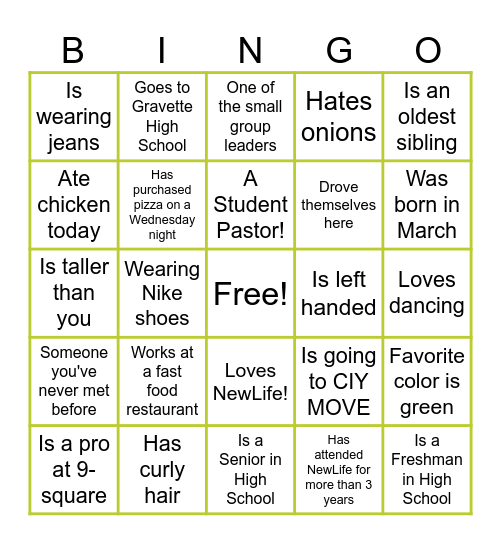 NewLife Students - Campus Rally Bingo Card