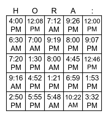La Hora (Time in Spanish) Bingo Card