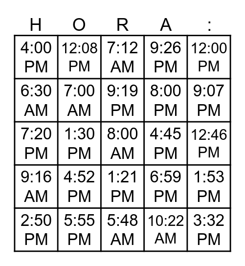 La Hora (Time in Spanish) Bingo Card