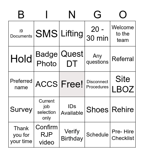 Processing Bingo Card