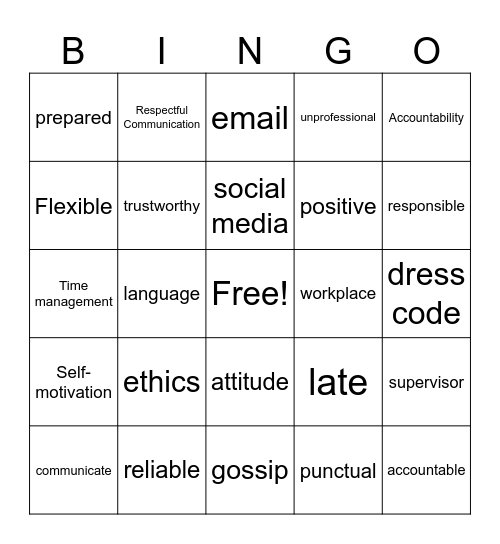 Workplace Professionalism Bingo Card