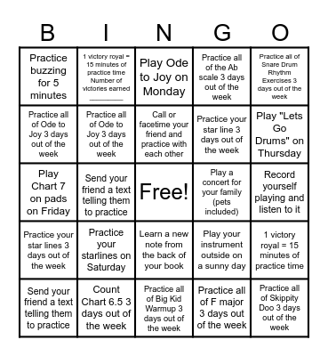 Percussion Band Bingo Card