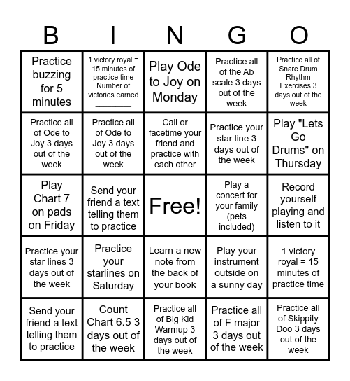 Percussion Band Bingo Card
