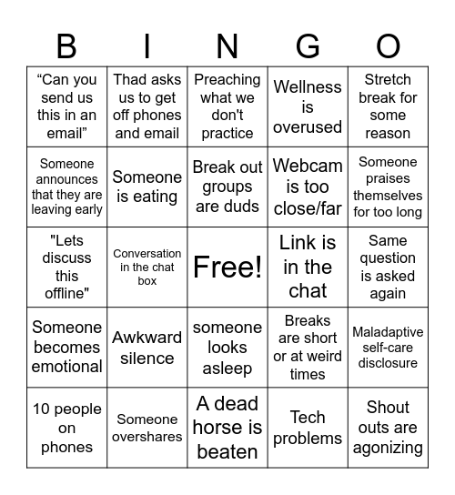 Staff Meeting Bingo Card
