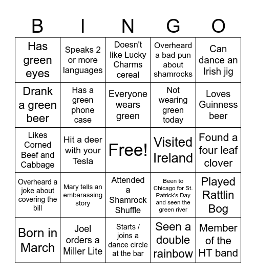 St Patrick's Day Bingo Card