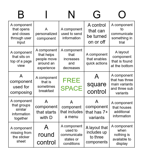Aviary Component BINGO Card