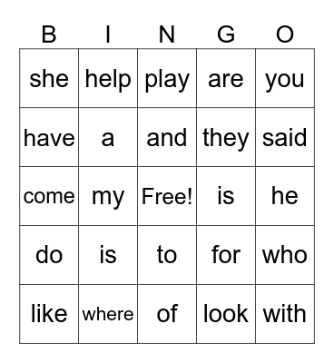 Kindergarten Sight Words Bingo Card