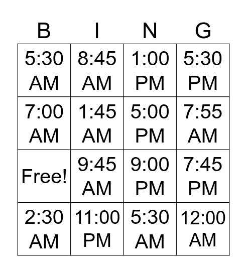 TIME TIME Bingo Card