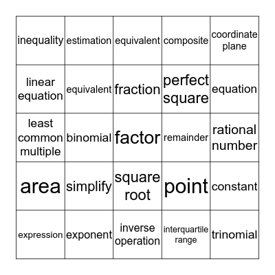 7th math common core vocabulary Bingo Card