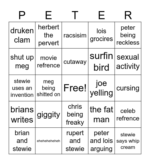 PETER Bingo Card