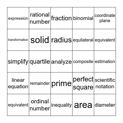 7th math common core vocabulary Bingo Card