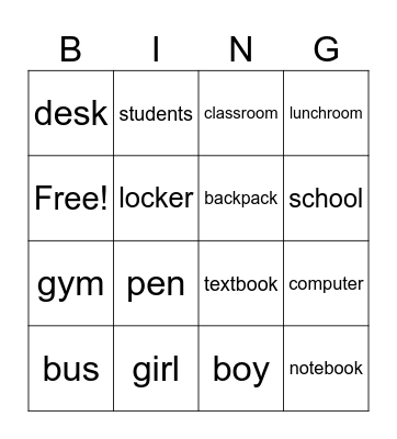 school Bingo Card