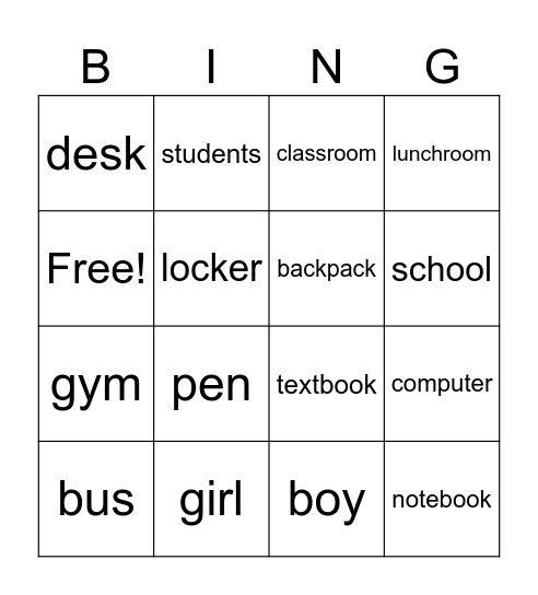 school Bingo Card
