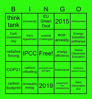GREEN TRANSITION BINGO Card