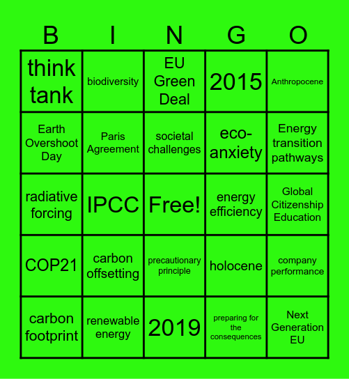 GREEN TRANSITION BINGO Card