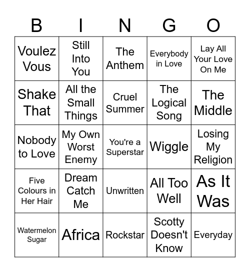 Kimbo's Greatest Hits Bingo Card