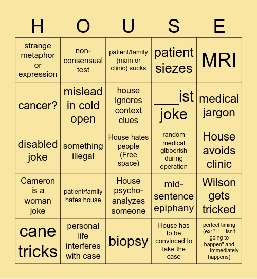 House M.D. Bingo Card