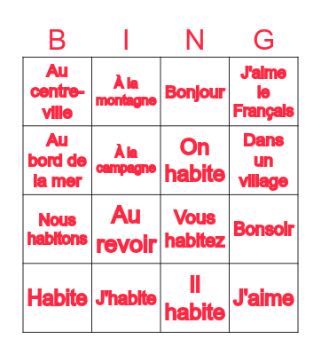 French Bingo Card