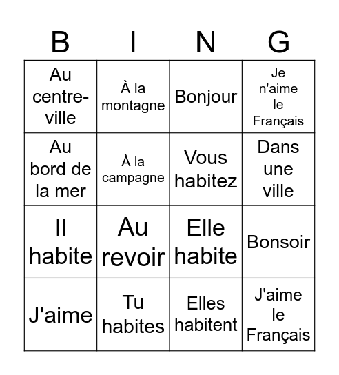 French! Bingo Card