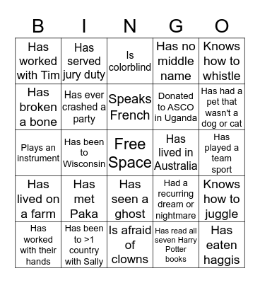 Tim & Sally's Wedding Bingo Card