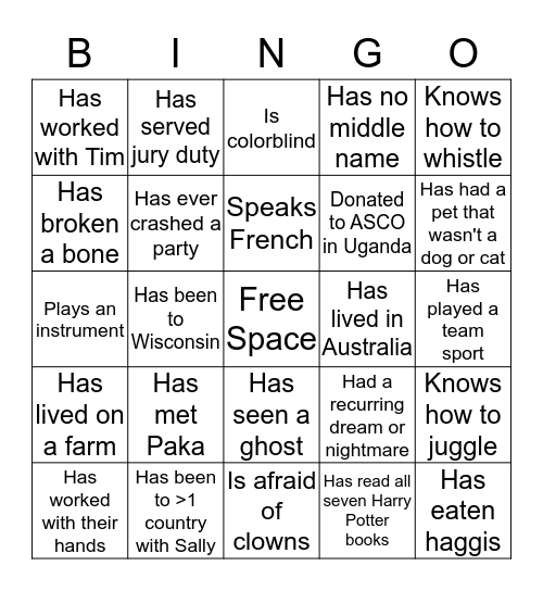 Tim & Sally's Wedding Bingo Card