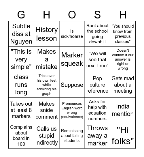 Ghosh Bingo Card