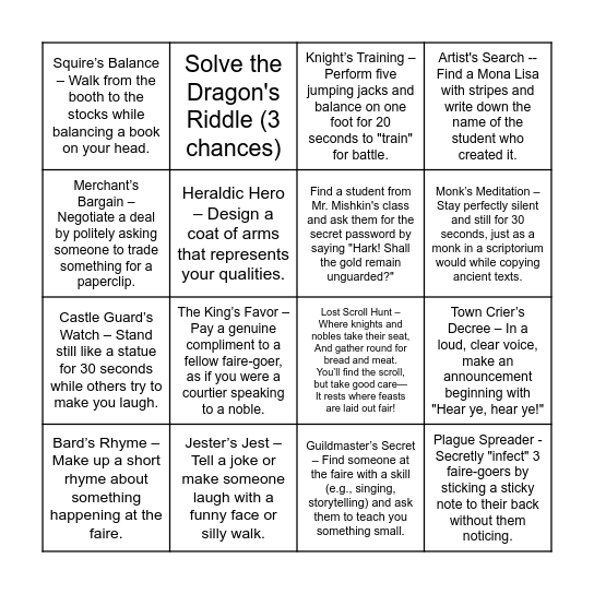 Renaissance Faire Quest Card Bingo Card