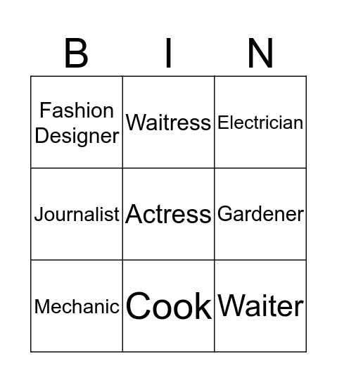 Occupations Bingo Card