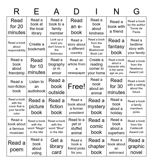 3rd Grade Reading Challenge Bingo Card