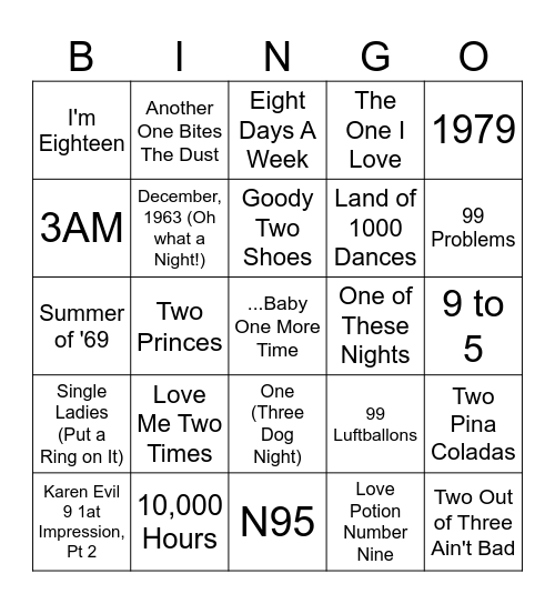 Songs with Numbers in The Title Bingo Card