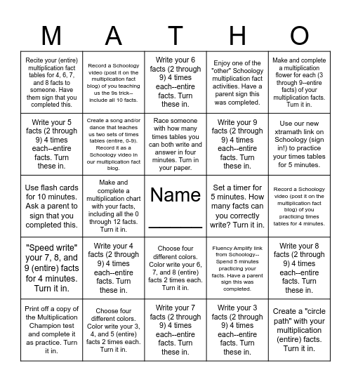 Multiplication Fact Practice--M, T, Th Nights Bingo Card
