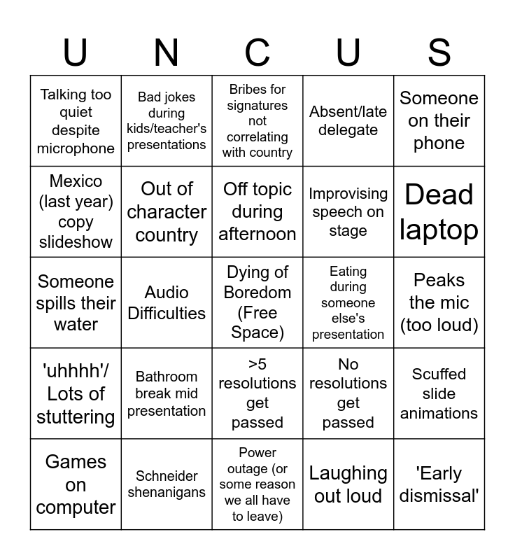 Model UN Bingo Card