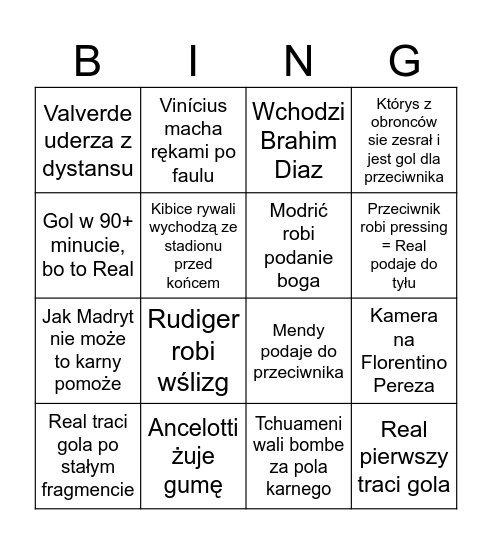 BINGO KAŻDEGO MECZU REALU Bingo Card