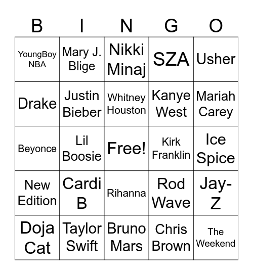 Hip Hop/R&B Bingo Card