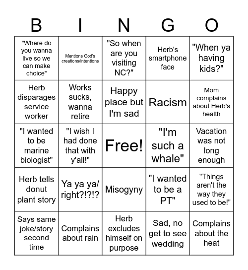 Parents go to Kauai Bingo Card