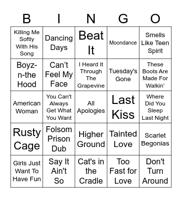 Cover Songs Bingo Card
