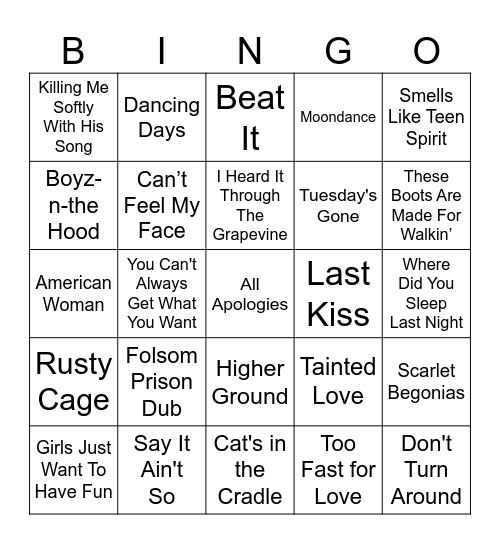 Cover Songs Bingo Card