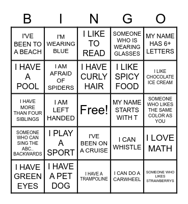 GET TO KNOW ME Bingo Card