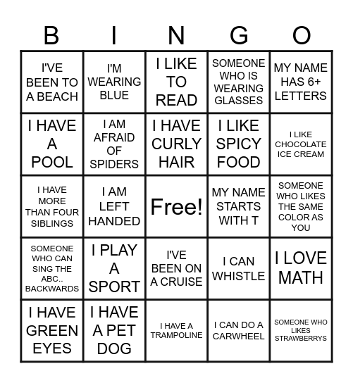 GET TO KNOW ME Bingo Card