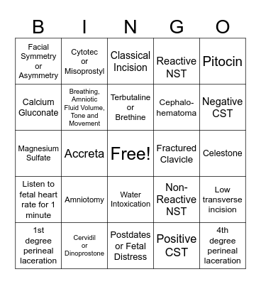 Labor Tests, C-Section, Complications Bingo Card