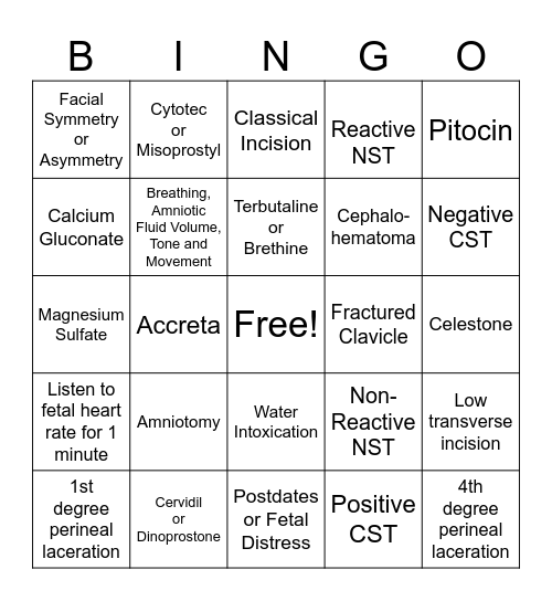 Labor Tests, C-Section, Complications Bingo Card